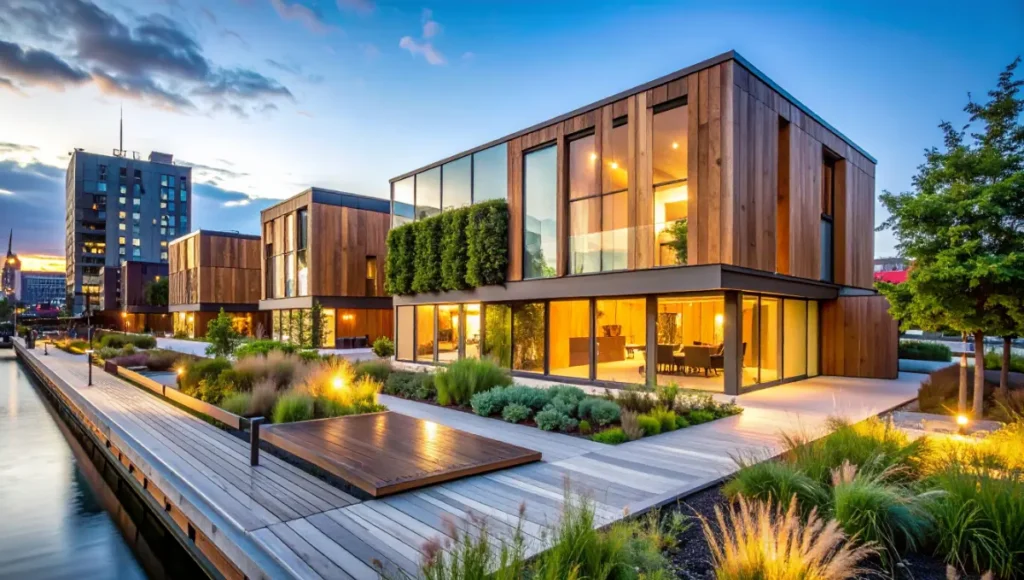 Ultra-realistic architectural photography of Nuvira Space's Aethelgard project in Copenhagen with 24mm tilt-shift lens, showcasing modular CLT timber frame, bio-composite algae facades, and hempcrete textures in regenerative style under golden hour lighting, highlighting circular construction design with urban mining and carbon sequestration in sustainable mixed-use architecture.