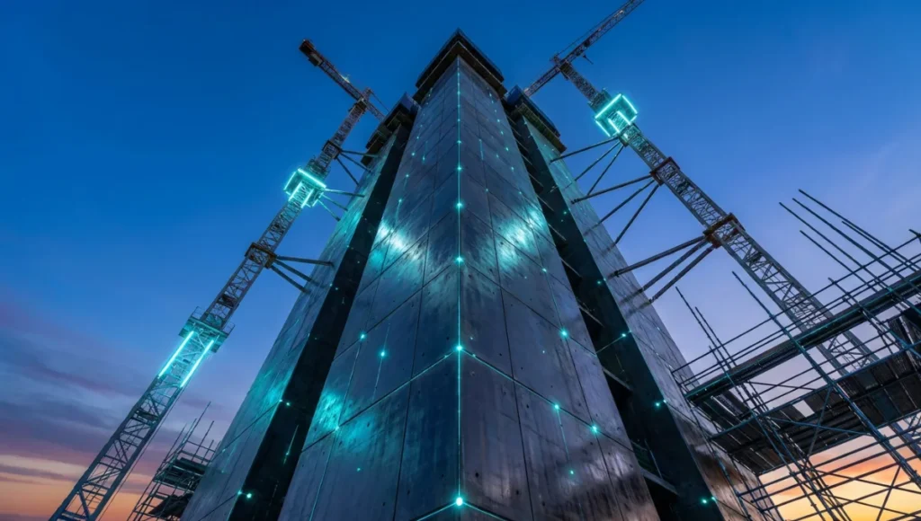 Low-angle architectural photography of a graphene-enhanced carbon-negative concrete skyscraper core with embedded structural health monitoring sensors at dusk.