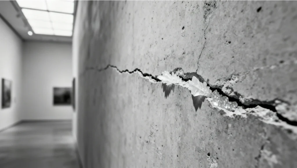 Close-up of self-healing Biocrete wall showing a calcite-filled structural scar from autonomous microbial repair in a modern architectural setting.