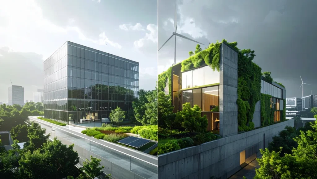Comparative ultra-realistic architectural photo of net-zero vs net-positive building design shift: conventional neutral glass tower contrasted with regenerative energy-positive structure featuring algae bio-facade, carbon-negative materials like hempcrete and bio-char concrete, thermodynamic optimization, surplus energy for resilient community microgrids, sustainable architecture evolution.