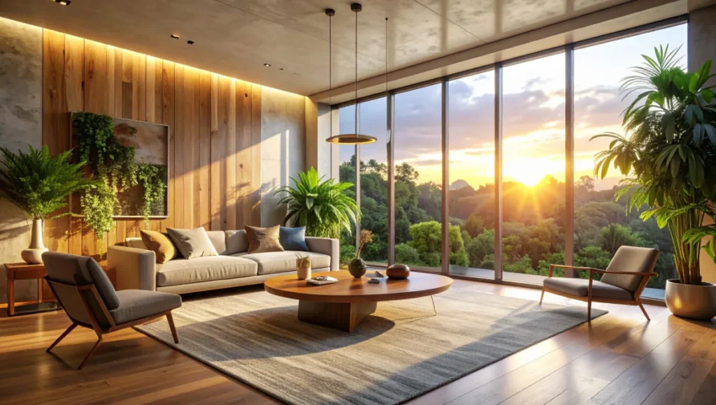 Ultra-realistic architectural photography of a minimalist living room with dynamic circadian lighting transitioning from golden hour blue-rich morning glow to amber evening ambiance, captured via 24mm tilt-shift lens, highlighting neuroarchitecture basics like weathered oak textures, brushed brass fixtures, and biophilic elements for brain empowerment and cognitive optimization in modern interior design.