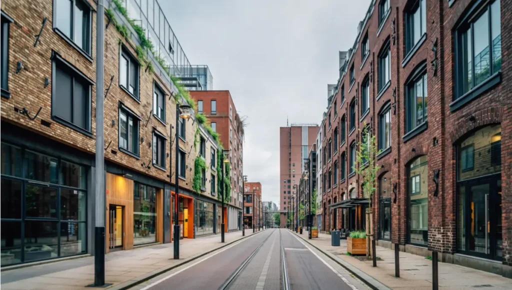 Ultra-realistic architectural photograph of Rotterdam's ZOHO district showcasing 15-minute city feasibility through climate-adaptive reuse, featuring reclaimed brick and weathered oak facades, permeable Green Veins with bioswales, vertical farming integrations, and pedestrian-friendly mixed-use streets under diffused overcast light, tilt-shift lens style.