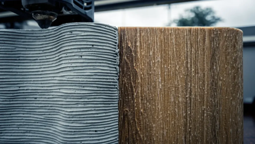 Close-up ultra-realistic architectural photograph of parametric 3D-printed concrete wall textures merging with bio-based wood-fiber material, highlighting extrusion layers, tactile surfaces, and robotic construction details in diffused lighting; exemplifying sustainable large-scale 3D printing in modern housing.