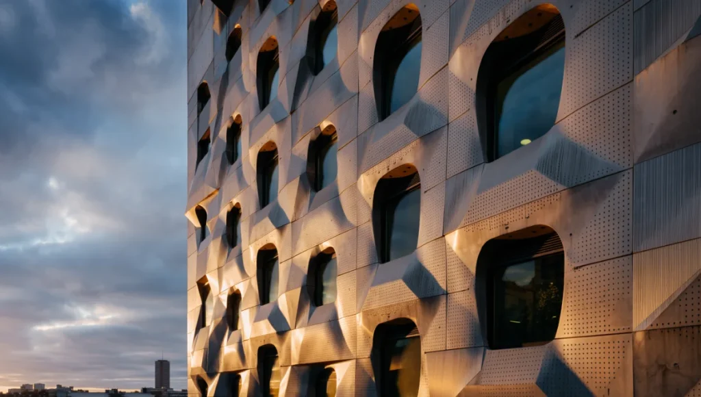 Ultra-realistic architectural photography of a generative AI-designed parametric concrete facade with algorithmic perforations and brushed stainless steel details, captured at golden hour with 24mm tilt-shift lens in Rotterdam urban context, showcasing textures in raw concrete and dramatic light play.