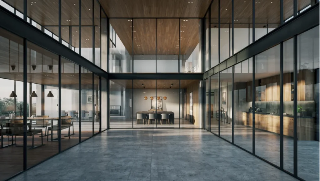 Ultra-realistic architectural visualization of a modern high-end interior showcasing Unreal Engine 5 Lumen global illumination, raw polished concrete textures, brushed metal anisotropy, and cinematic golden hour lighting with 24mm tilt-shift lens photography, photorealistic rendering for architectural design iteration.