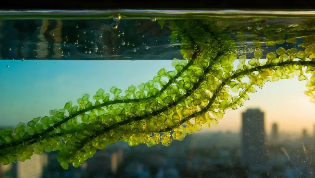 Close-up architectural detail of algae-filled photobioreactor panels on a biomimetic building facade, showing vibrant green microalgae suspension in transparent tubes with circulating bubbles, highlighting carbon sequestration and dynamic shading in regenerative architecture.