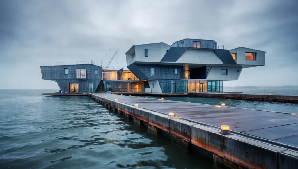 Photorealistic architectural rendering of Nuvira Space's "Aura Portus" floating urbanism project in Rotterdam port, featuring modular kinetic structures on water with procedural foam, volumetric fog god rays, rust corrosion textures, and overcast North Sea atmosphere, Unreal Engine 5 high-fidelity visualization with 24mm tilt-shift lens.