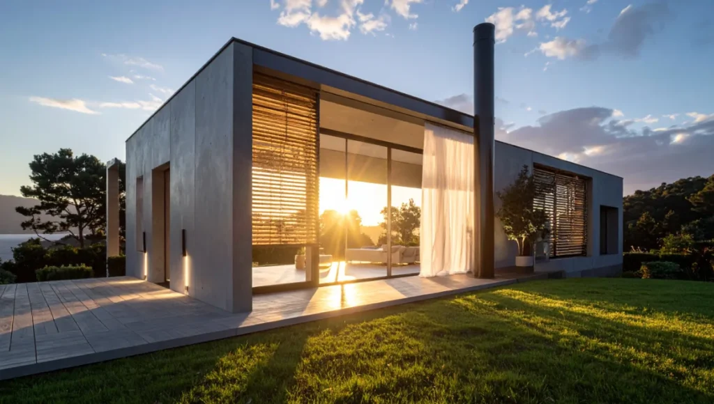 Ultra-realistic architectural photography of a modern home's living room featuring innovative passive cooling via solar chimney and cross-ventilation, with golden hour lighting on raw concrete walls, brushed brass apertures, and weathered oak floors for sustainable regenerative design.