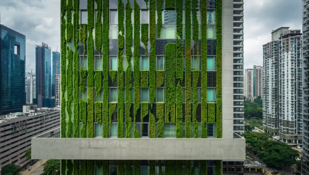Modern high-rise building with algae bio-curtain facade in an urban setting, featuring translucent ETFE panels dense with photosynthetic microalgae for CO2 capture, biomass production, and adaptive solar control in sustainable biomimetic design