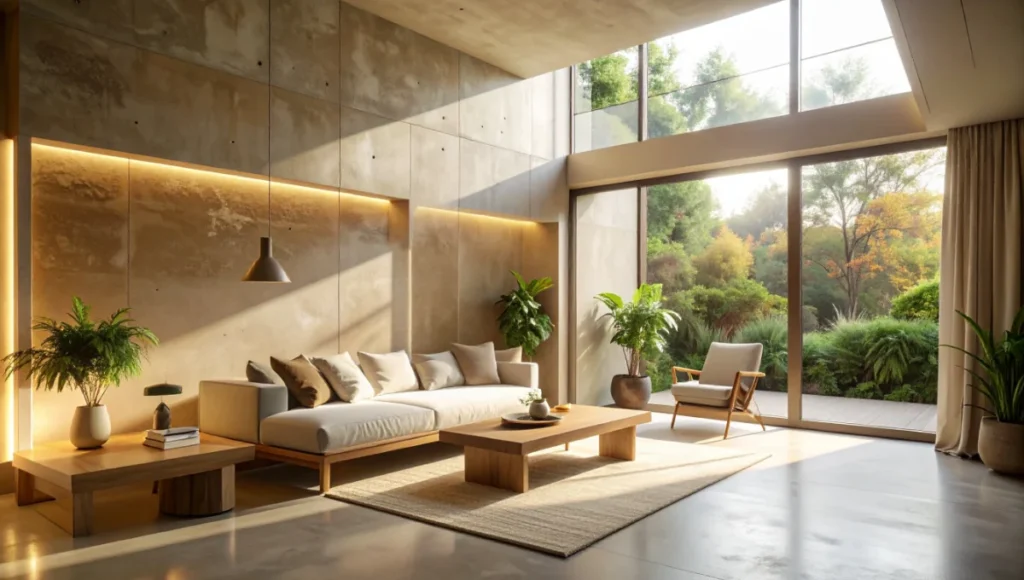 Ultra-realistic interior photo of hempcrete-insulated biophilic living space in regenerative 2026 architecture by Nuvira Space, showcasing breathable vapor-permeable walls, thermal phase-shifting mass for stable comfort, hygroscopic moisture buffering, natural textures, and passive wellness in sustainable high-performance building envelope.
