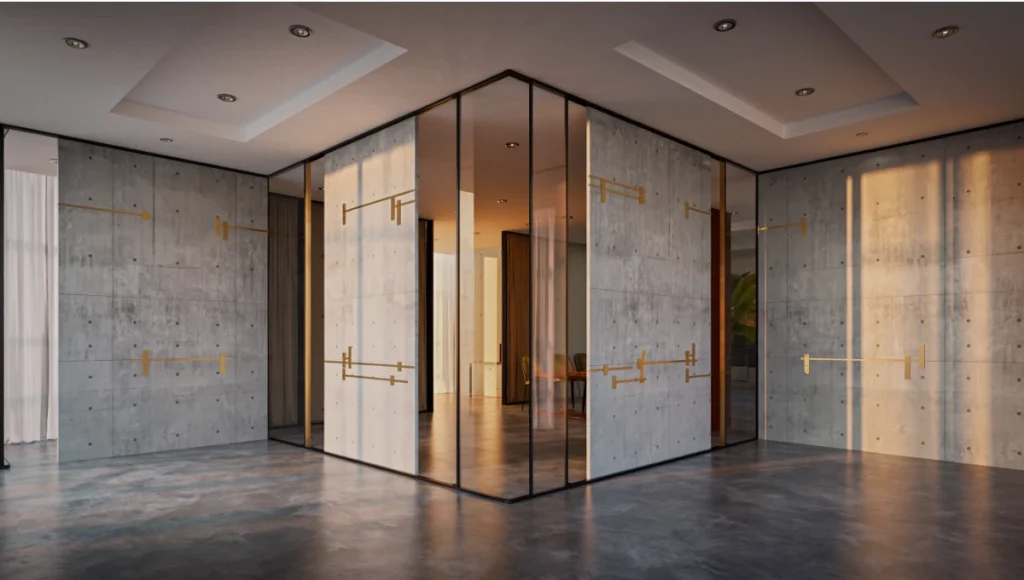 Ultra-realistic 24mm tilt-shift architectural photograph of Nuvira Space kinetic partitioning system with track-mounted sliding concrete walls and brushed brass details in a modern Singapore 45m² micro-apartment, golden hour natural light, flexible home design, adaptive architecture, movable partitions