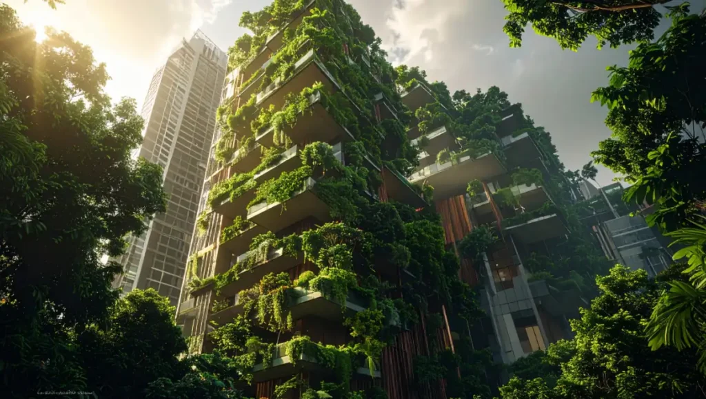 Ultra-realistic architectural photograph of iconic vertical forest skyscraper with dense living facade of trees and plants, showcasing biophilic design evolution, carbon sequestration, urban heat island mitigation, and regenerative architecture materiality in high-density metropolitan context.