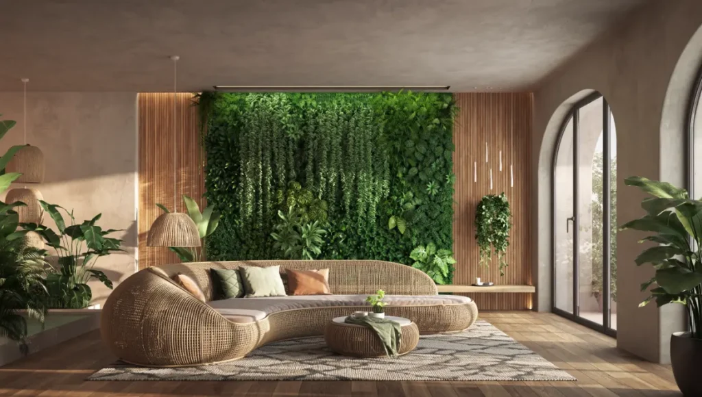 Photorealistic biophilic living room interior with green living walls, natural oak and rattan furniture, fractal wood panels, golden hour komorebi lighting, and water feature for neuro-architectural stress reduction and parasympathetic calm.