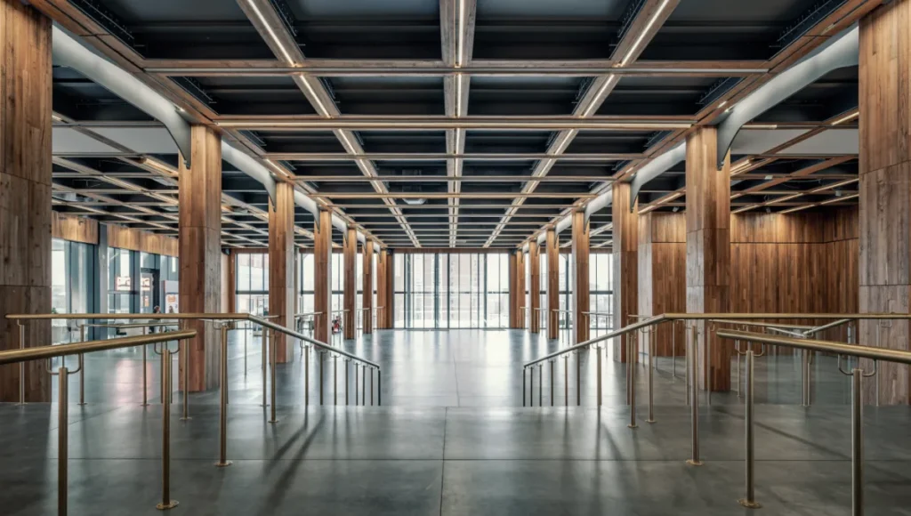 Photorealistic interior view of a building optimized through Stable Diffusion ControlNet workflows, featuring weathered oak cladding, brushed brass accents, and polished concrete floors under diffused natural daylight, highlighting precise geometric synthesis and material textures in modern generative AI architecture.