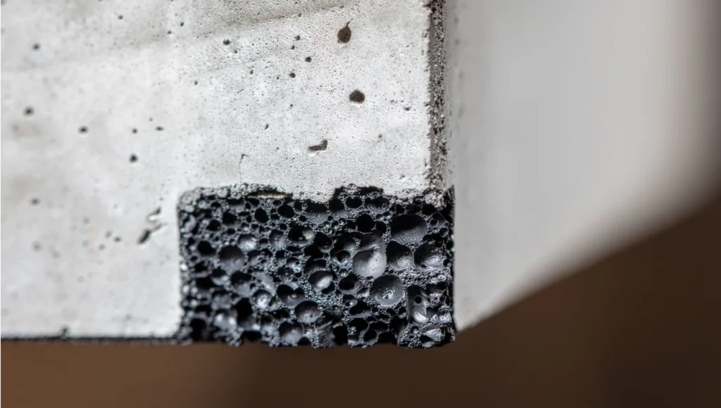 Macro architectural photograph of biochar-infused carbon-negative concrete showing porous surface texture and regenerative structural elements.