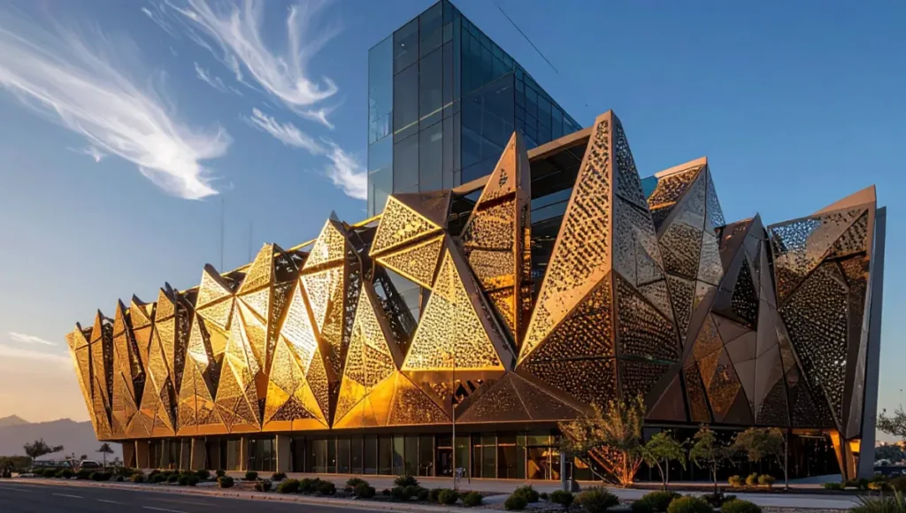 Ultra-realistic architectural photography of a bold kinetic facade with responsive triangular aluminum screens opening like flowers on a modern skyscraper, captured during golden hour with 24mm tilt-shift lens, highlighting brushed metal textures and dynamic environmental responsiveness in kinetic architecture.