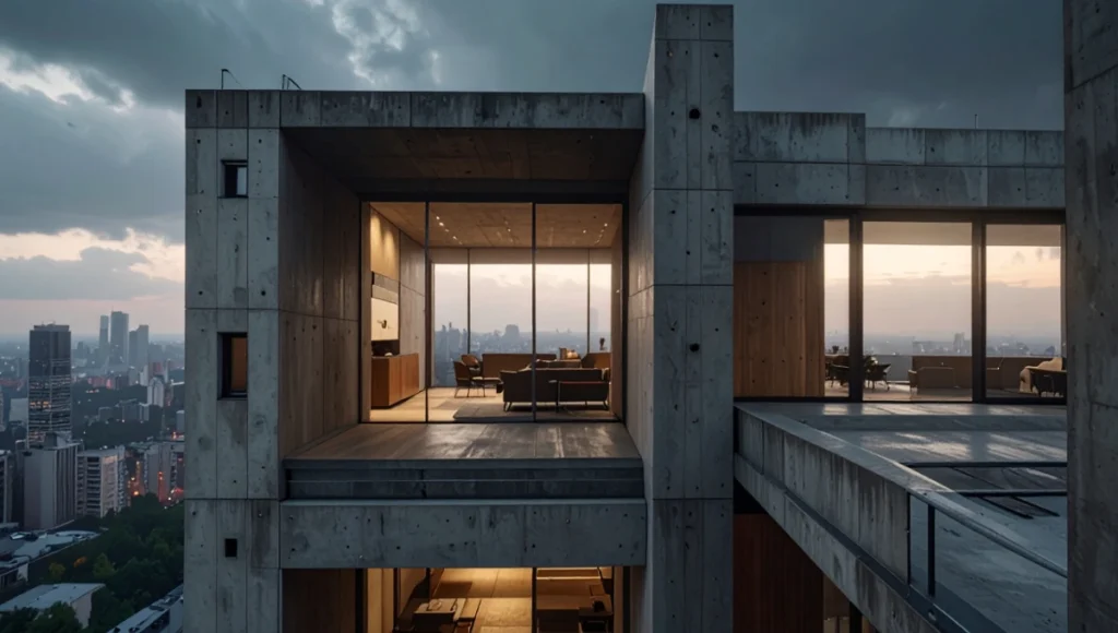 Photorealistic image of retrofitted brutalist architecture upgrades including aerogel thermal envelopes, phase change materials PCM integration, vacuum insulated glass VIG windows, BIPV solar shading fins, and preserved raw concrete facade in diffused natural light architectural photography for carbon-negative 2030 sustainability.