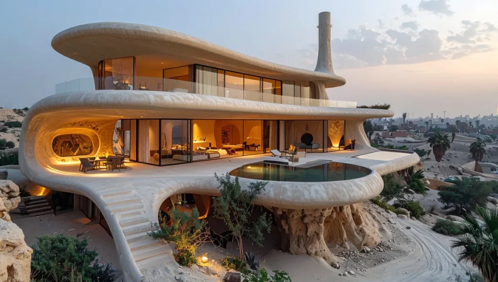 Ultra-realistic architectural photography of Nuvira Space's AERIS 01 regenerative villa in Cairo, showcasing passive cooling innovations like wind catcher tower, earth-tubes, and phase change materials in rammed earth and ceramic textures under diffused overcast lighting for carbon-negative sustainable architecture.