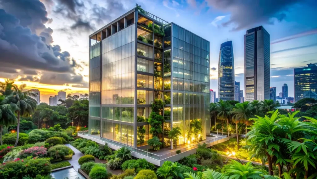 Ultra-realistic architectural photography of Nuvira's NEURAL-GRID bio-data center in Singapore, captured with 24mm tilt-shift lens under diffused overcast lighting, highlighting post-digital collage tectonics of polycarbonate facade, tropical greenery, and metallic hardware for innovative urban bio-architecture.