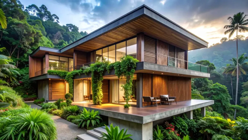 Nuvira Space minimalist tropical kinetic architecture facade with pivoting weathered teak timber louvers responding to environment for natural ventilation and shade, ultra-realistic architectural photography with 24mm tilt-shift lens under diffused tropical light, emphasizing organic wood textures and sustainable responsive design in Malaysian contemporary residence.