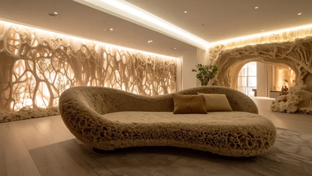 Ultra-realistic interior of Nuvira Space's Synapse Room neuro-wellness recovery core featuring custom mycelium chaise longue and acoustic wall panels in biophilic design, sustainable bio-fabricated furniture with organic hyphal textures, warm circadian lighting for parasympathetic calm and human-centric architecture.