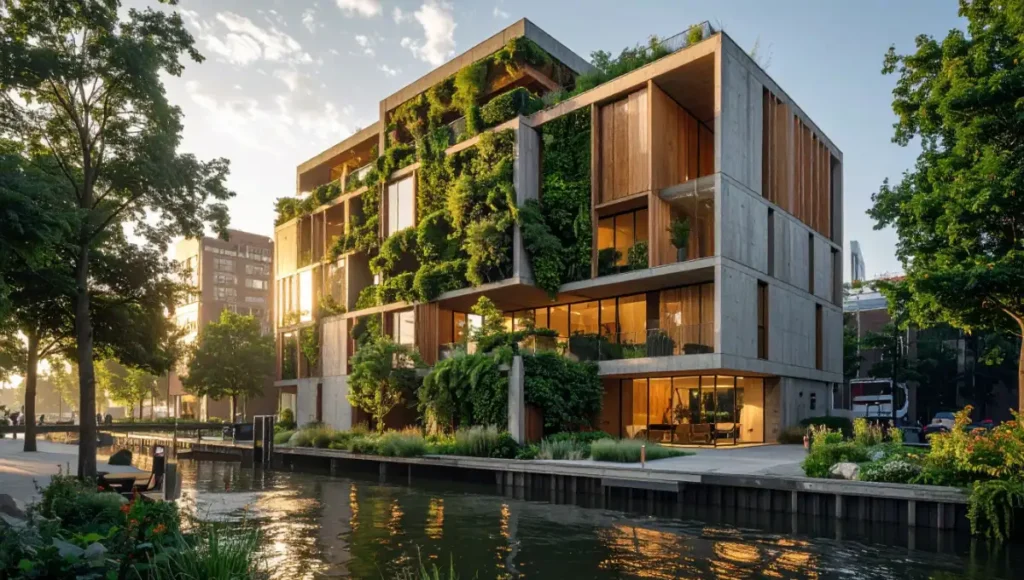 Ultra-realistic architectural photograph of Nuvira Space's Aura-12 mixed-use vertical forest concept in Rotterdam, featuring 400mm hempcrete insulation envelope on timber frame, carbon-negative regenerative facade with vertical greenery, thermal mass panels, and passive hygroscopic buffering for 2026 high-performance sustainable architecture.