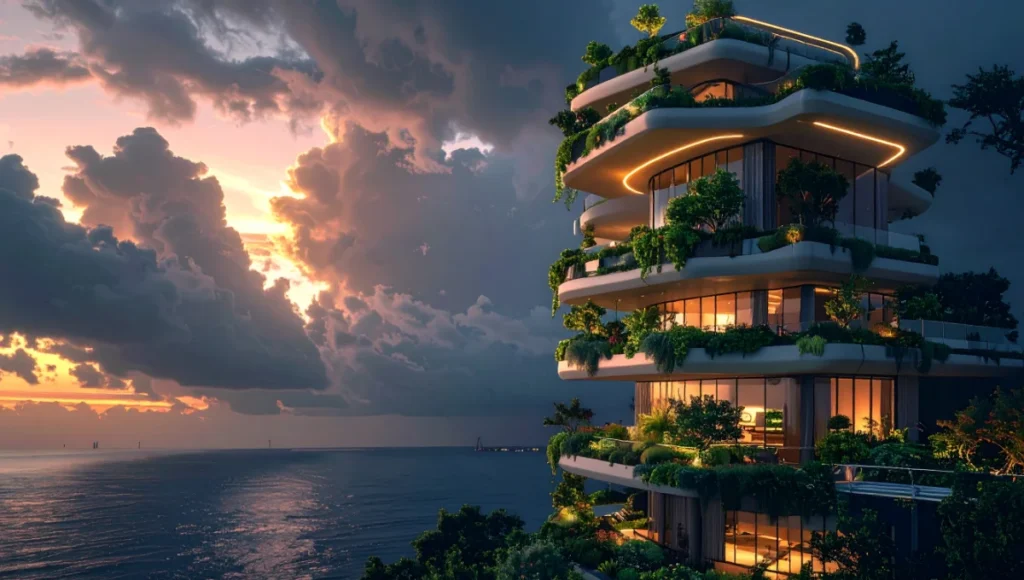 Ultra-realistic architectural rendering of Nuvira Space's AERIS-X regenerative vertical forest tower in Rotterdam, featuring lightweight bio-polymer planters, phytoremediation zones, and wind-adaptive carbon-neutral design for climate-resilient urban residential architecture, showcasing advanced biophilic and regenerative infrastructure integration.