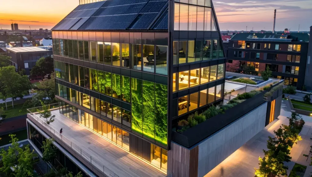 Ultra-realistic architectural rendering of Nuvira Space AETHER-1, a 25-story net-positive regenerative mixed-use tower in Copenhagen Nordhavn with biovoltaics algae-integrated glazing façade, photovoltaic surplus energy roof, carbon-negative CLT and bio-char materials, thermodynamic passive strategies, resilient design for climate adaptation and community microgrid support.