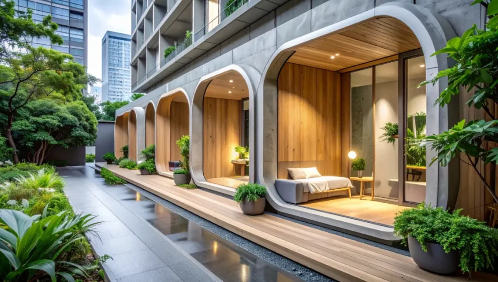 Ultra-realistic architectural photography of Nuvira Space's Neuro-Pod modular residential unit in Tokyo, featuring kinetic walls, cinematic diffused overcast lighting via 24mm tilt-shift lens, with sharp focus on cross-laminated timber textures, raw concrete elements, and biophilic hydroponics for neuroarchitecture in high-density urban design, empowering brain function through adaptive human-machine synthesis.