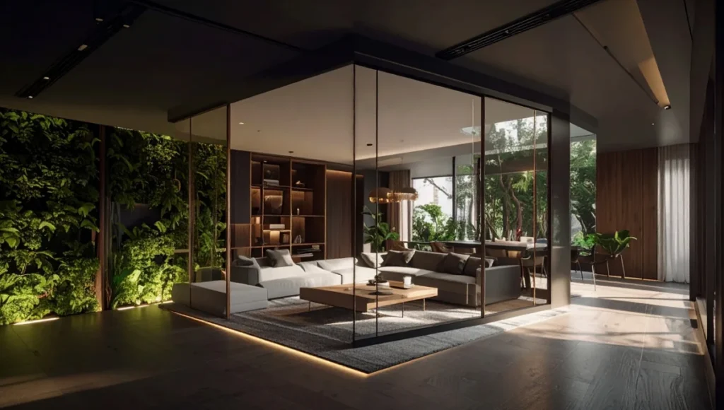 NEURO-SANCTUARY 2030 by Nuvira Space, a Japandi-inspired neuro-architecture micro-apartment featuring cork flooring, charred cedar, brushed brass details, biophilic vertical greening, smart-glass light modulation, and modular adaptive interiors designed for cognitive restoration in high-density urban living.