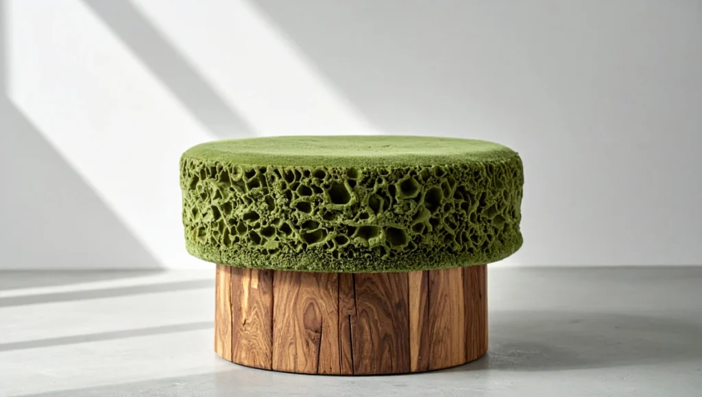 Ultra-realistic close-up of mycelium and timber bio-fabricated stool by Sebastian Cox design, showcasing velvet-soft fungal texture fused to organic wood grain, sustainable mycelium furniture emphasizing haptic warmth, acoustic attenuation, and biophilic neuro-architecture in modern interior.