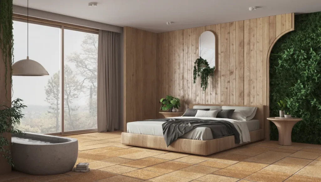 Photorealistic biophilic bedroom with prospect and refuge layout, weathered oak and cork textures, subtle water feature, biomorphic curves, and diffused natural light for evolutionary safety and sensory stress relief in restorative neuro-architecture.