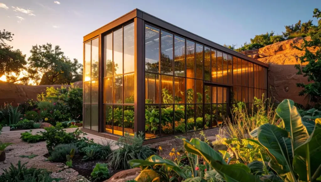 Ultra-realistic architectural photography of a vertical solar greenhouse in an urban earthship, captured with 24mm tilt-shift lens under golden hour lighting, focusing on high-iron low-E glazing textures, lush botanical filtration plants, and rammed-earth materiality for regenerative sustainable design.
