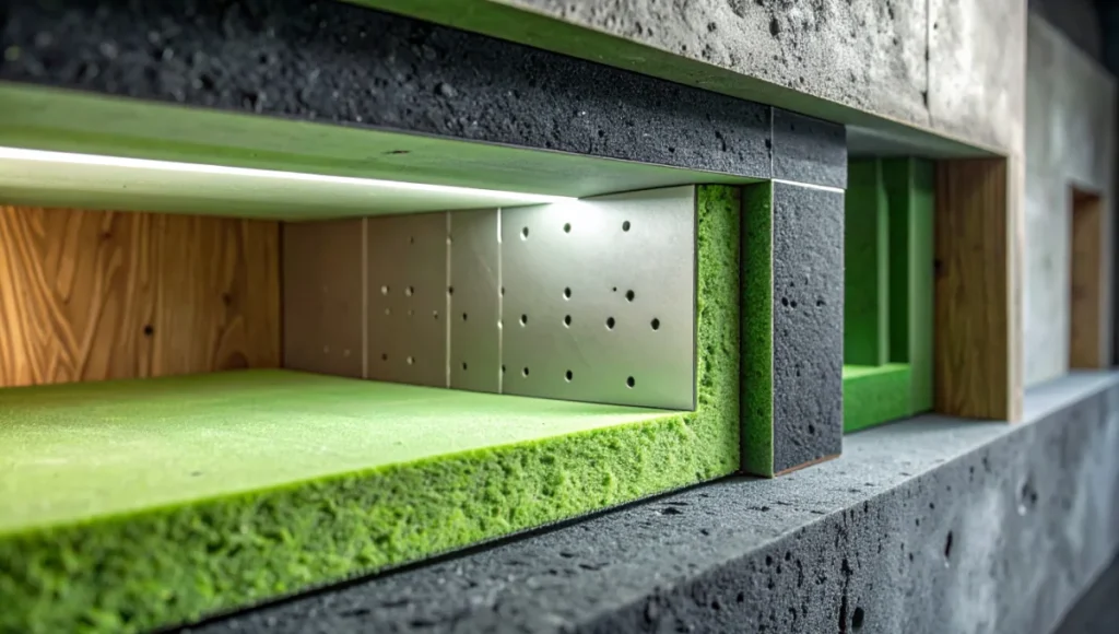 Close-up detail of Nuvira Echo-Refuge acoustic wall layering: mass-loaded vinyl with Green Glue damping, stone wool absorption panel in linen wrap, quadratic residue diffuser in brushed aluminum, showcasing neuro-architectural sound isolation and treatment for home office performance.