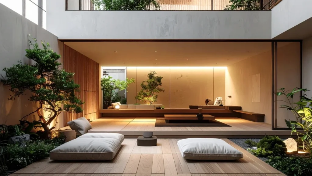 Ultra-realistic Japandi interior design showcasing neuro-architecture principles, featuring open-pore oak flooring, clay plaster walls, linen textures, acoustic timber slats, circadian lighting, and intentional negative space engineered for cognitive restoration and nervous system regulation.