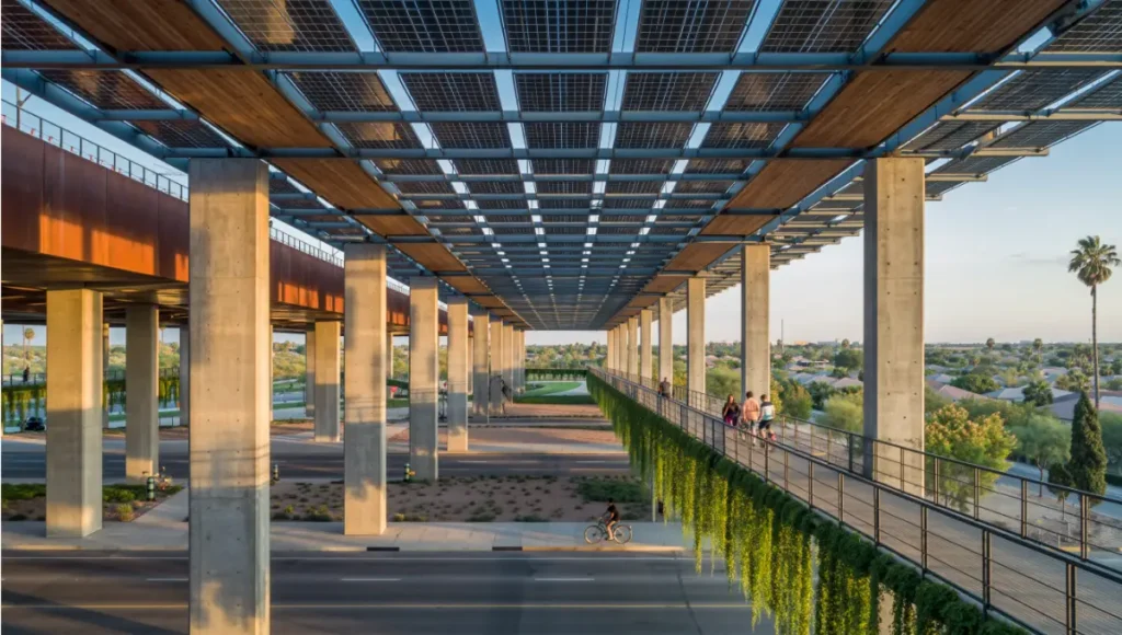 Ultra-realistic architectural visualization of Nuvira Space's Project SYNAPSE, a 15-minute city retrofit of a highway interchange featuring modular timber Living Pods, Corten steel and concrete structures, thin-film photovoltaic skins, and permeable Market Mesh bazaar with integrated greenery, golden hour lighting, tilt-shift architectural photography style.