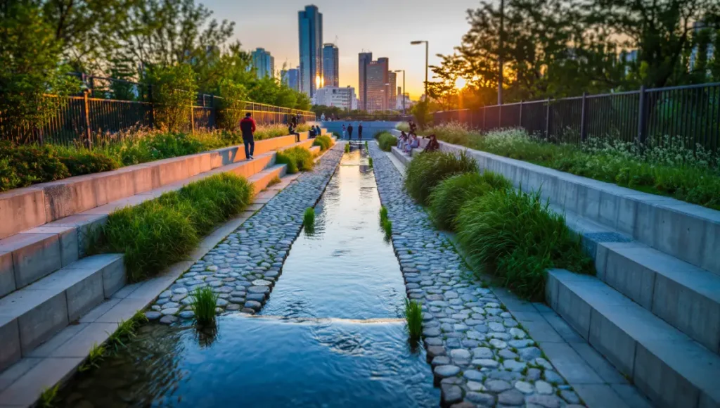 Ultra-realistic architectural photography of Seoul Cheonggyecheon urban rewilding project: daylighted stream and biodiverse linear park replacing former elevated highway, golden hour lighting, people enjoying biophilic corridor for ecological restoration and urban heat island mitigation.