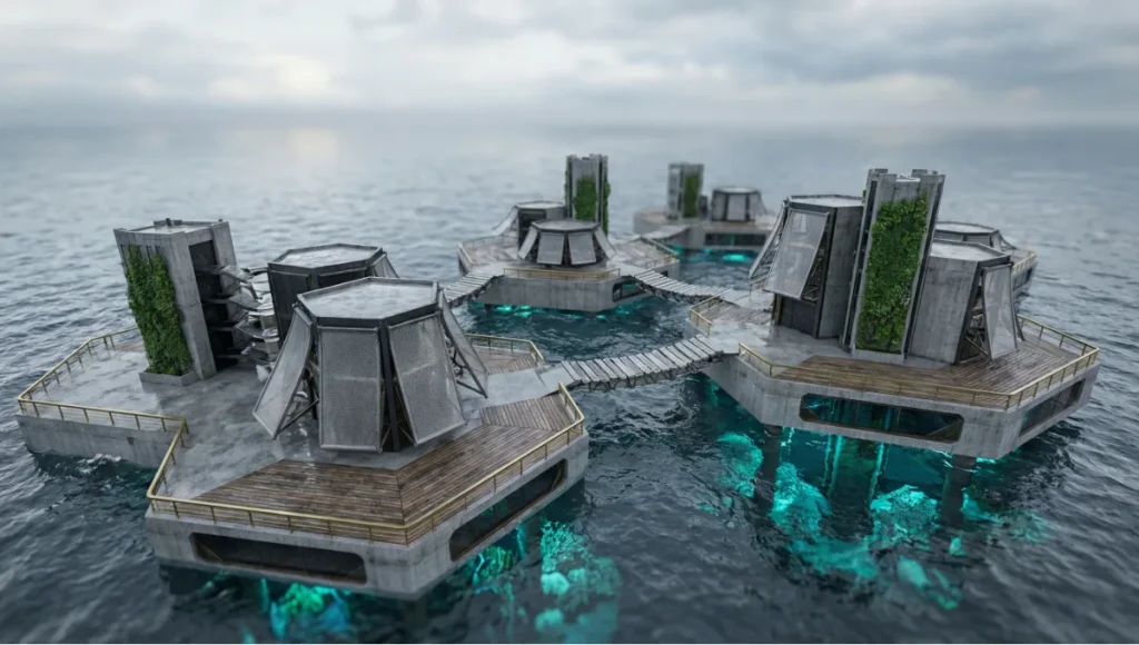 Photorealistic ultra-wide architectural image of advanced modular hexagonal floating city archipelago, reinforced pontoons, biophilic artificial reefs, kinetic energy facades, vertical hydroponic farming, telescopic bridges, and sustainable closed-loop systems on ocean, futuristic maritime urbanism and floating cities viability for climate resilience.