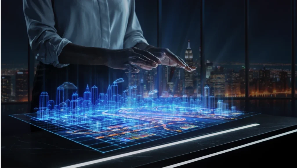 "NVIDIA RTX 5090 Blackwell GPU on raw concrete surface in minimalist architectural studio, projecting holographic building wireframe — best GPU for architectural rendering and real-time visualization in 2026"