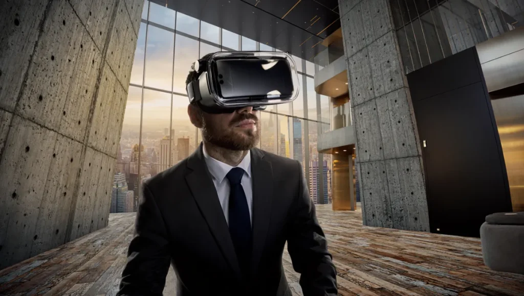 Immersive VR architectural walkthrough experience client in headset navigating grand atrium with 1:1 scale perception, raw concrete textures, brushed brass materiality, dynamic Lumen global illumination, and proprioceptive spatial understanding, ultra-realistic architectural photography highlighting advantages over static renders in design validation and risk mitigation.