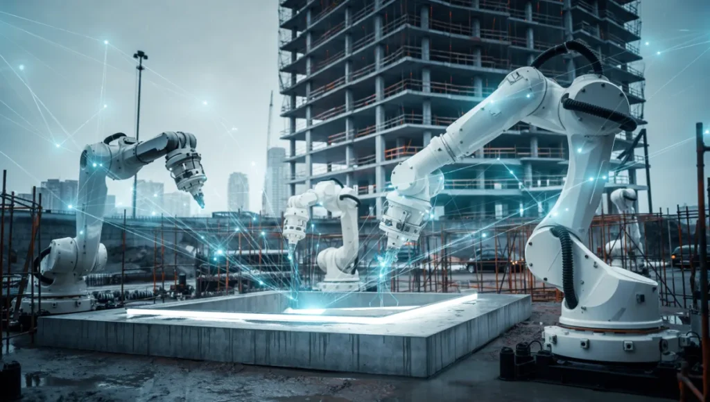 Photorealistic image of blockchain-enabled distributed BIM in architecture, featuring robotic 3D printing of parametric concrete nodes on an AEC site, with holographic immutable ledger overlays, smart contract version control, material provenance tracking, and ultra-sharp textures under overcast daylight for decentralized AEC innovation and IP protection.