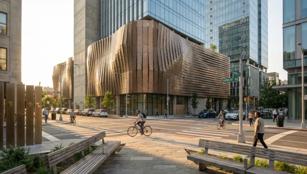 Ultra-realistic architectural photography of a sustainable smart city street at golden hour, viewed through 24mm tilt-shift lens, featuring embedded sensors like HAQA in raw concrete facades, brushed brass acoustic microphones, and weathered oak hydrological probes; emphasizes resilient urban design, kinetic architecture, and data-driven sustainability in transit-oriented developments.