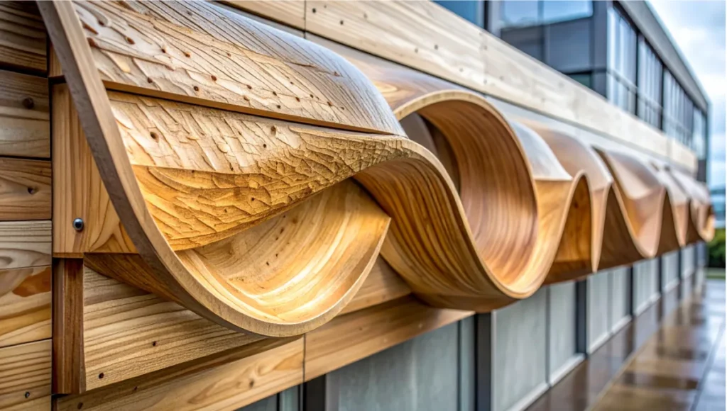 Close-up ultra-realistic image of 4D printing adaptive facade panels in hydro-active wood composites, self-opening ventilation louvers triggered by humidity for passive climate-responsive architecture, smart materials in kinetic building envelopes eliminating mechanical actuators.