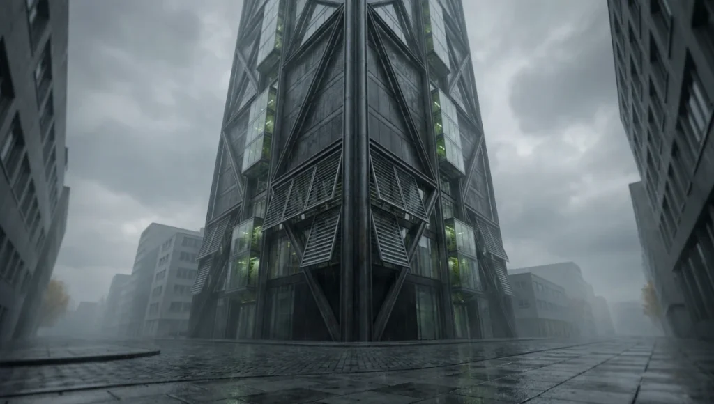 Photorealistic architectural photograph of a parametric carbon-neutral high-rise tower with diagrid facade and integrated bio-lab modules, rendered instantly using AI plugins for Rhino and SketchUp, overcast Rotterdam sky, tilt-shift lens, ultra-sharp material textures.