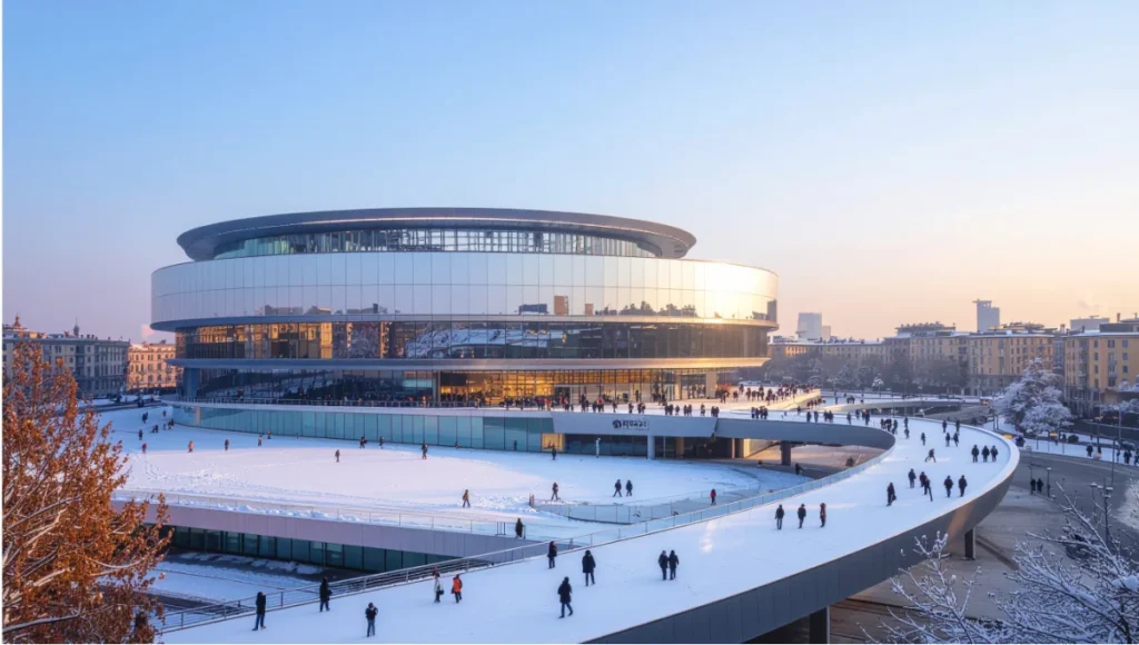 Santa Giulia Arena by David Chipperfield Architects and Arup during Milan Cortina 2026 Winter Olympics, showcasing circular modular design with stacked aluminum rings, reflective facade, and sustainable urban integration in Milan.