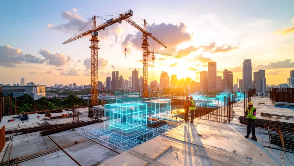 Ultra-realistic architectural photo of AR-enhanced construction site in Singapore golden hour, workers using Trimble XR10 headsets with holographic MEP overlays for clash detection and precision placement on concrete slab, showcasing augmented reality in AEC for zero-rework high-rise building management and structural accuracy.