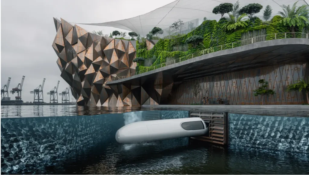 Nuvira Kinetic Atrium hyperloop station Rotterdam — floating multi-modal hydro-terminal design with kinetic bronze facade, carbon-negative concrete artificial reef foundation, wet-dock pod arrival system, and biophilic micro-forest public promenade on the Maas river, by Nuvira Space architectural studio.