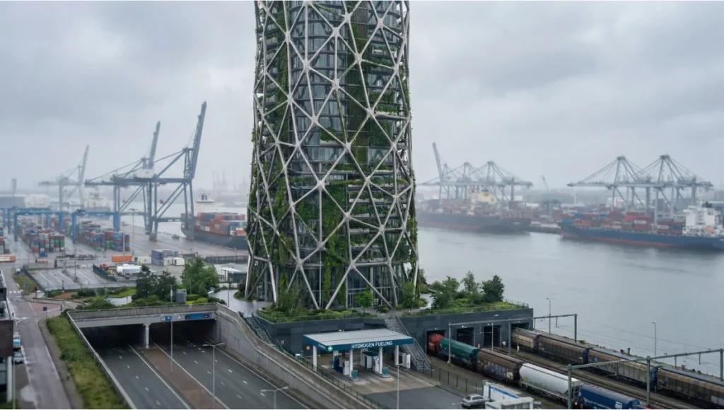 Photorealistic architectural photograph of Nuvira Space's "The Verdant Spire," a 300-meter steel lattice skyscraper in Rotterdam featuring a Voronoi-patterned duplex stainless steel exoskeleton, high-transparency facade revealing vertical orchards and modular crop pods, mixed-use agri-transit hub with hydrogen refueling base, exemplifying resilient urban farming skyscraper design and transit-oriented agriculture.