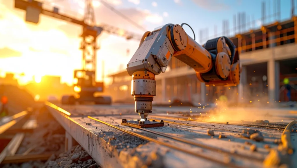 Ultra-realistic photo of KUKA robotic arm performing real-time adaptive kinematics with LiDAR scanning on uneven reclaimed concrete in 2026 robotic fabrication architecture construction site, closed-loop feedback eliminating tolerance gaps, precision toolpath recalibration, architectural robotics innovation.