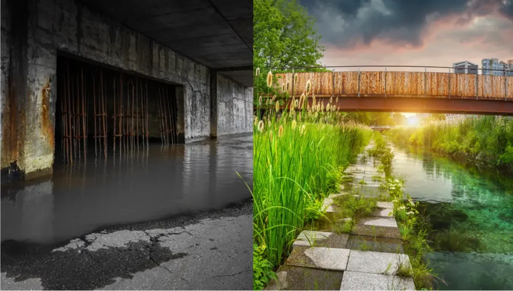 Split-view architectural photography contrasting a flooded, cracked-concrete hard city drainage canal on the left with a thriving sponge city bio-retention swale and permeable pavement streetscape on the right, illustrating the urban resilience design shift from grey infrastructure to blue-green water management systems in modern city planning.